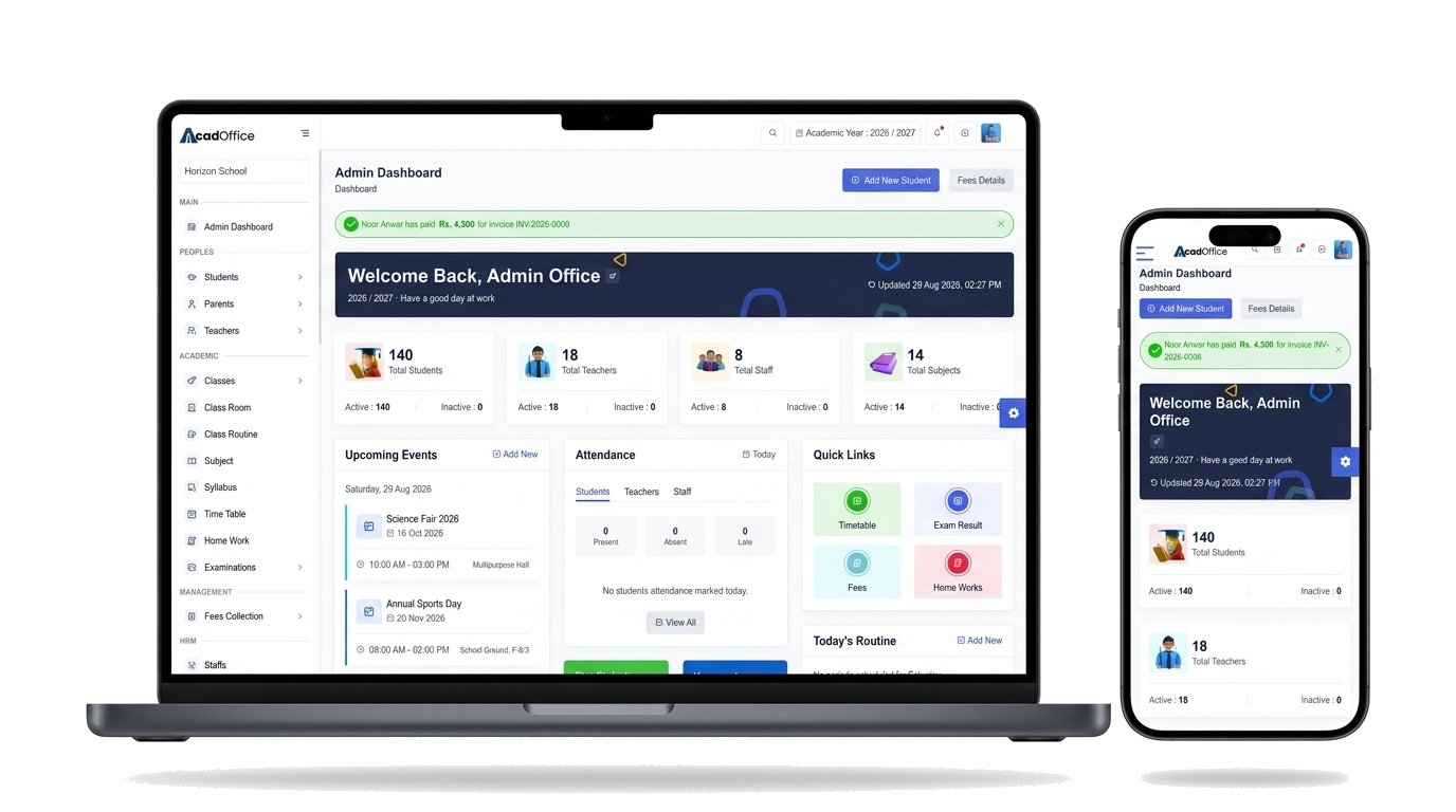 AcadOffice Admin Dashboard and Mobile App