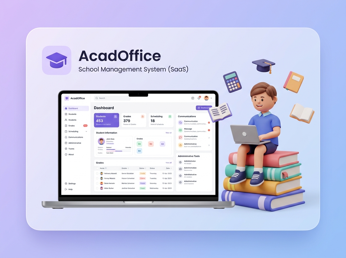 AcadOffice school ERP dashboard — admissions, attendance, fees and parent app